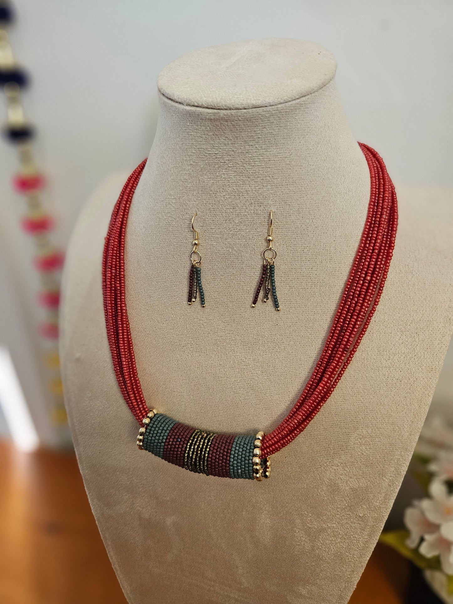 Red Multi-Strand Beaded Necklace with Tassel Earrings
