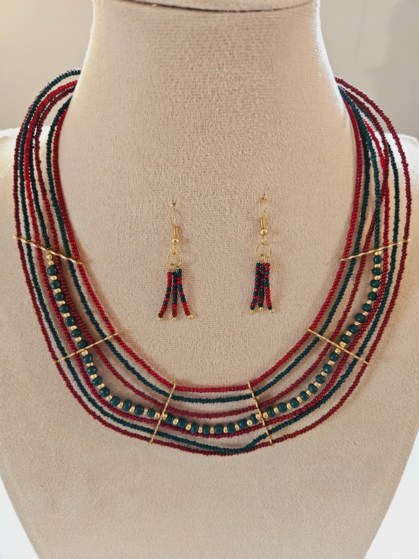 Artisan Cascade Multi-Strand Necklace Set – Red & Teal