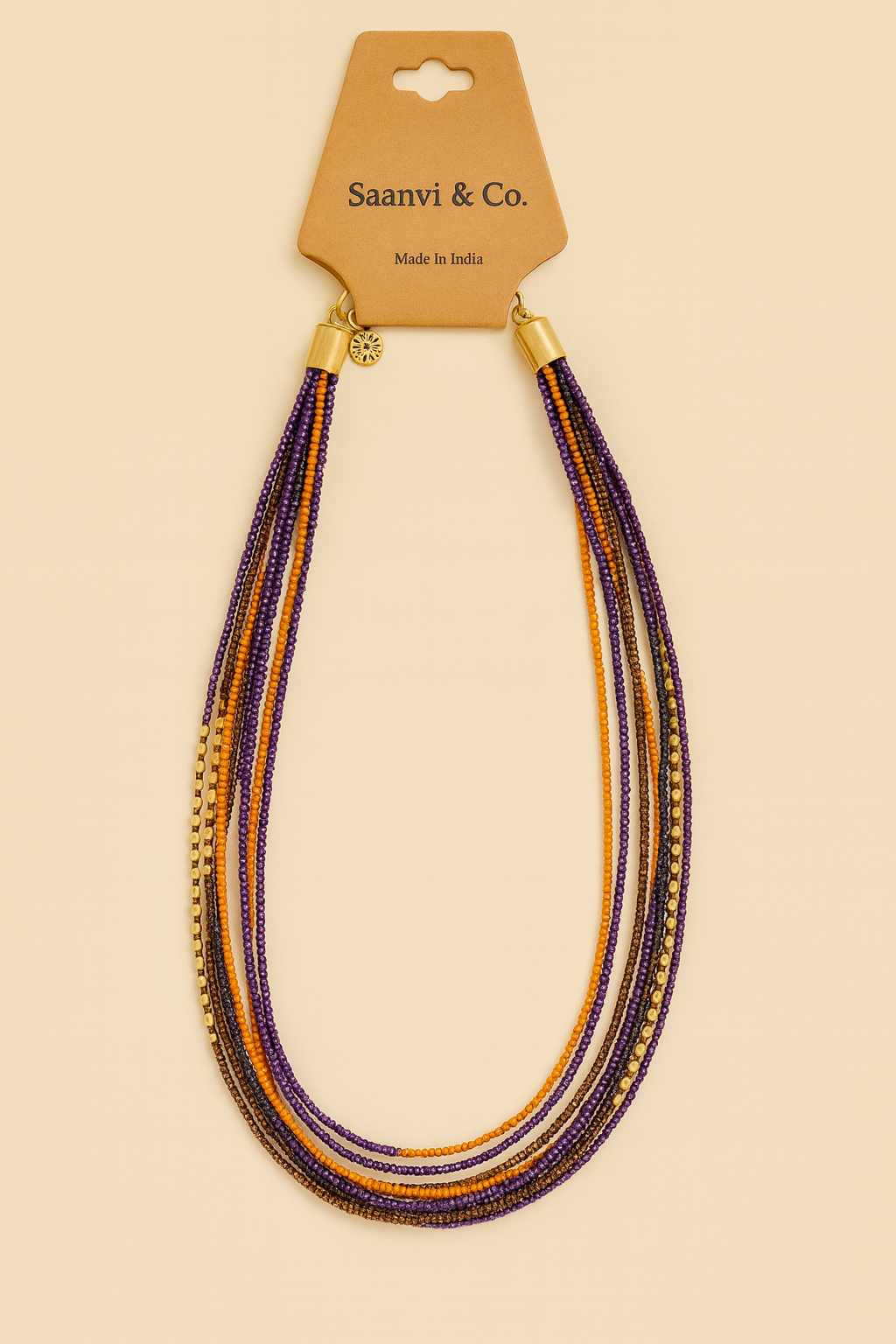 Purple & Gold Multi-Strand Beaded Necklace with Matching Hoop Earrings