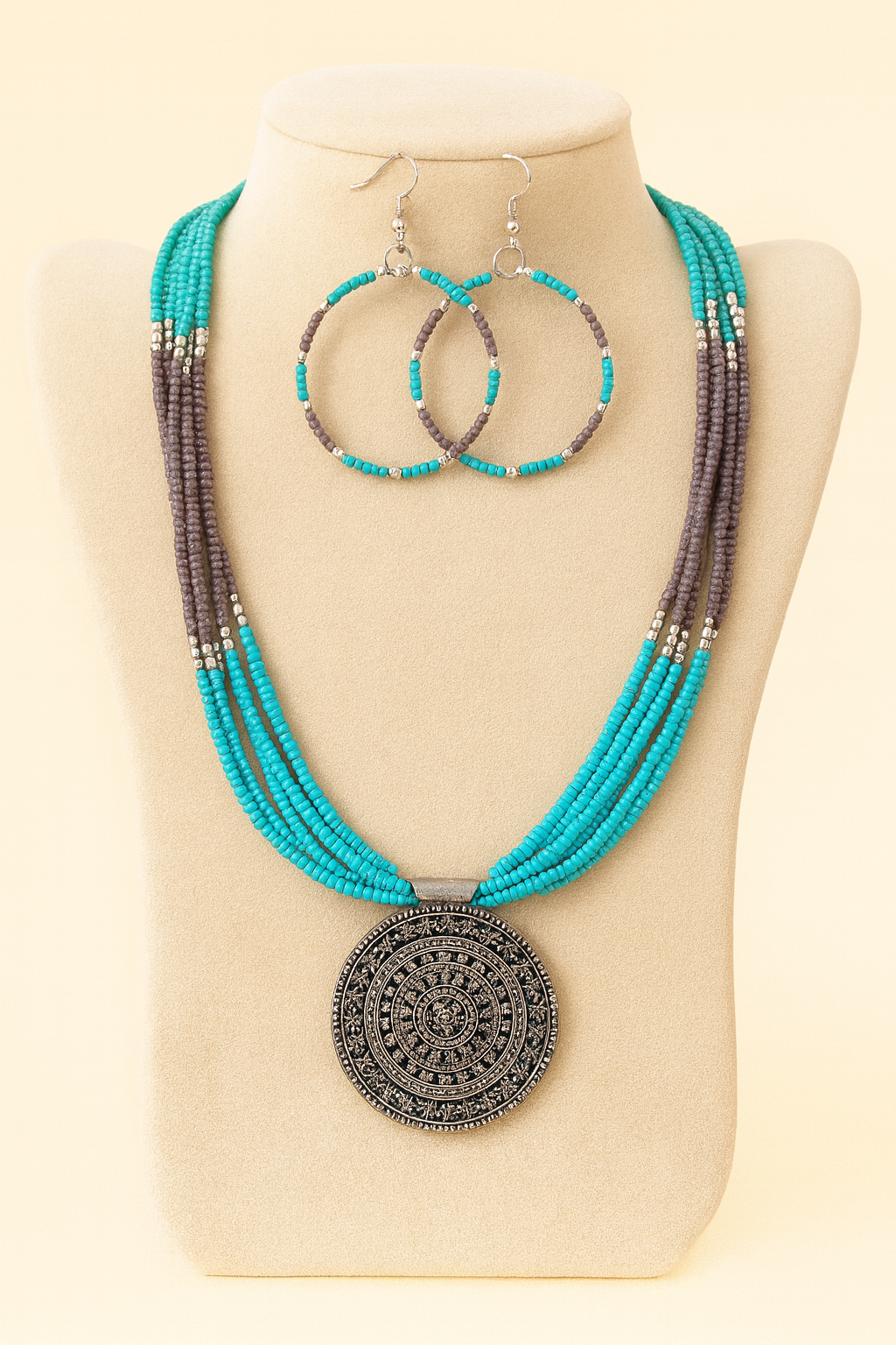 Turquoise & Grey Multi-Strand Necklace Set