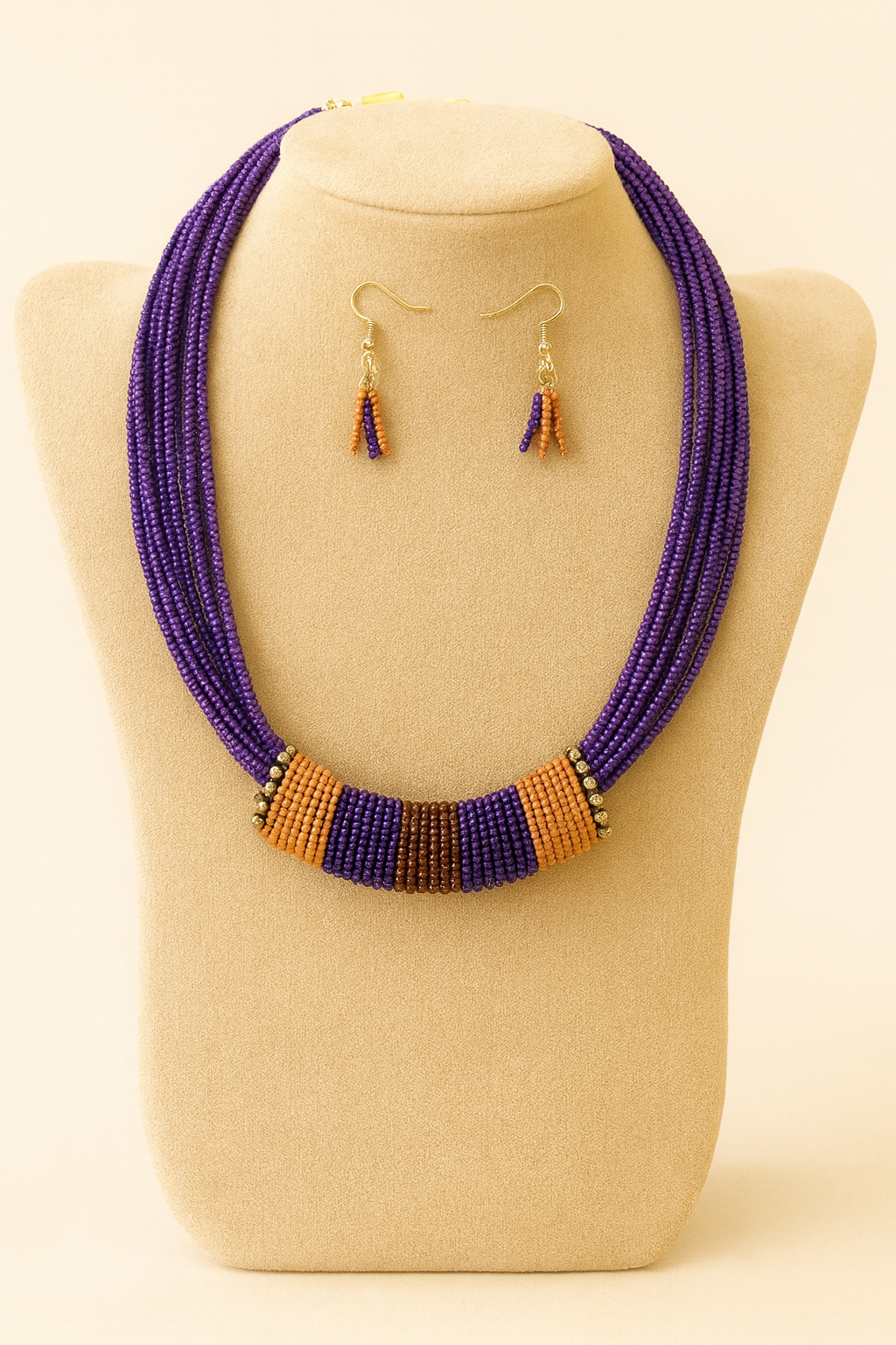 Purple & Mustard Multi-Strand Beaded Necklace with Tassel Earrings
