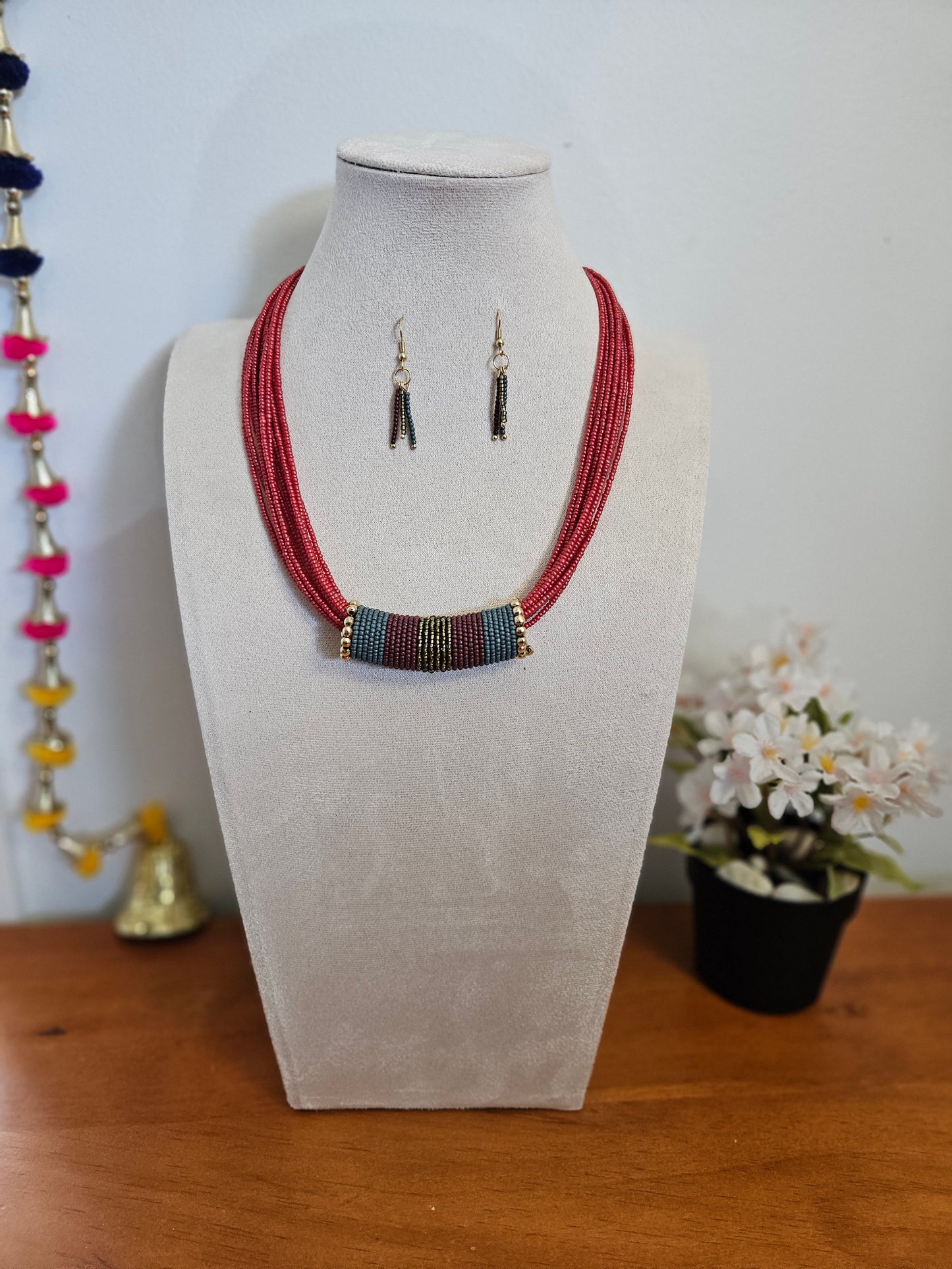 Red Multi-Strand Beaded Necklace with Tassel Earrings