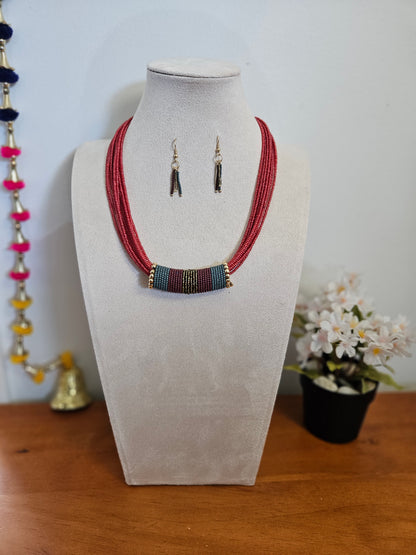 Red Multi-Strand Beaded Necklace with Tassel Earrings