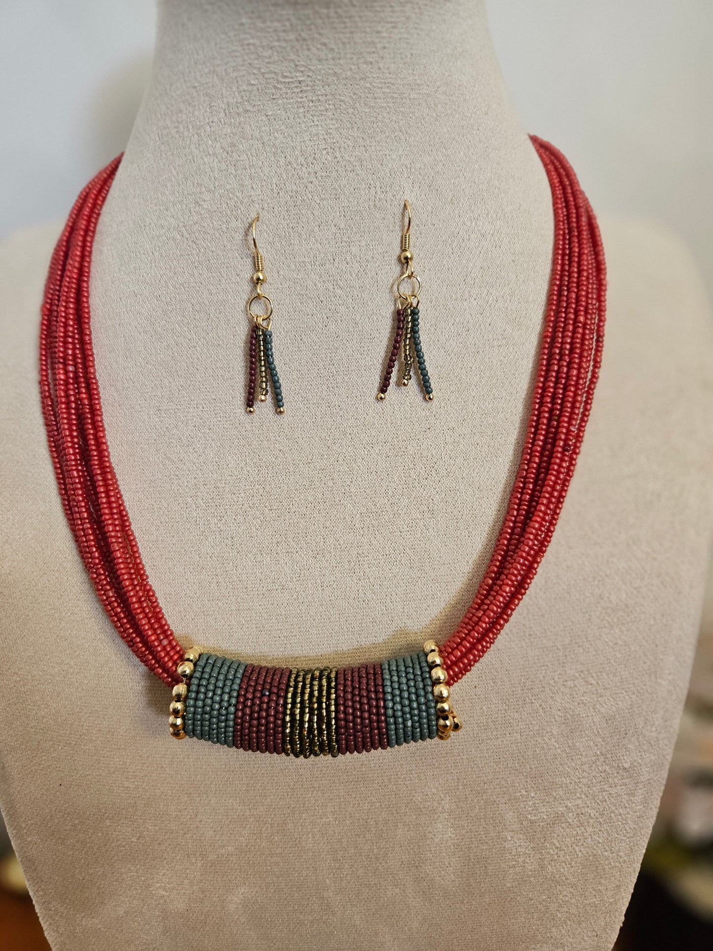 Red Multi-Strand Beaded Necklace with Tassel Earrings