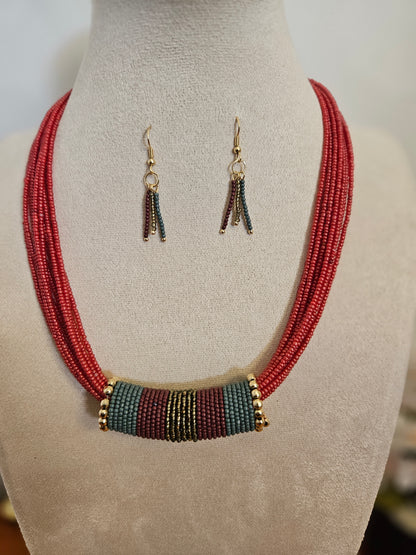 Red Multi-Strand Beaded Necklace with Tassel Earrings