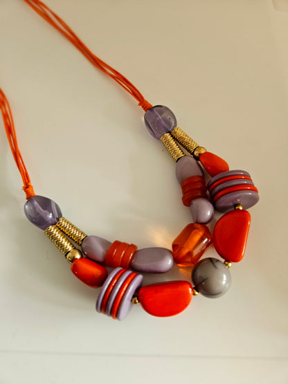 Bold Artisan Beadwork Statement Necklace – Orange & Lavender Mix