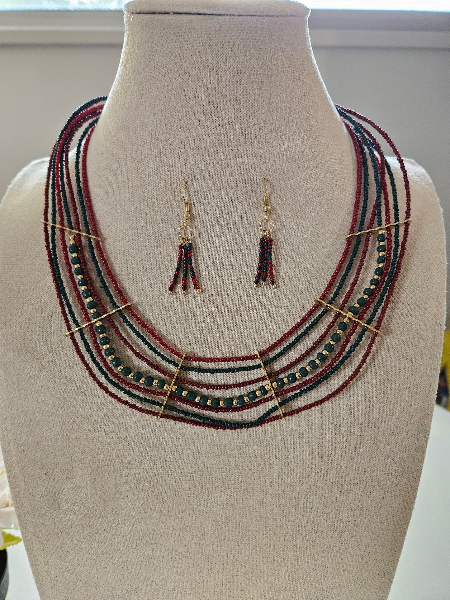 Artisan Cascade Multi-Strand Necklace Set – Red & Teal