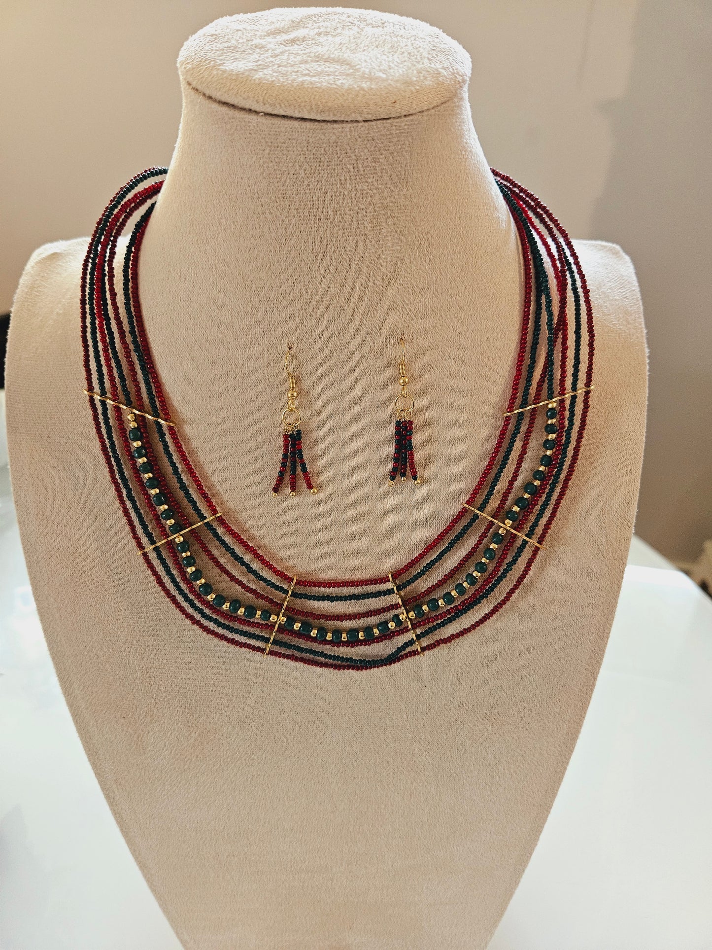 Artisan Cascade Multi-Strand Necklace Set – Red & Teal