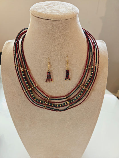 Artisan Cascade Multi-Strand Necklace Set – Red & Teal