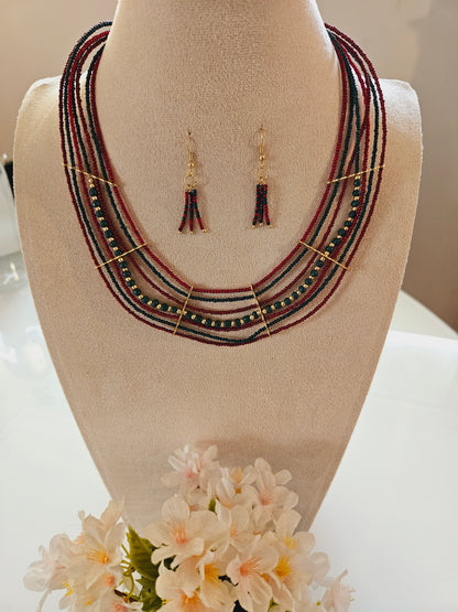 Artisan Cascade Multi-Strand Necklace Set – Red & Teal