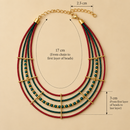 Artisan Cascade Multi-Strand Necklace Set – Red & Teal