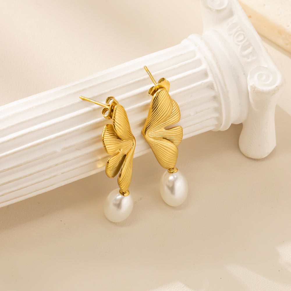 Golden Petal Pearl Drop Earrings