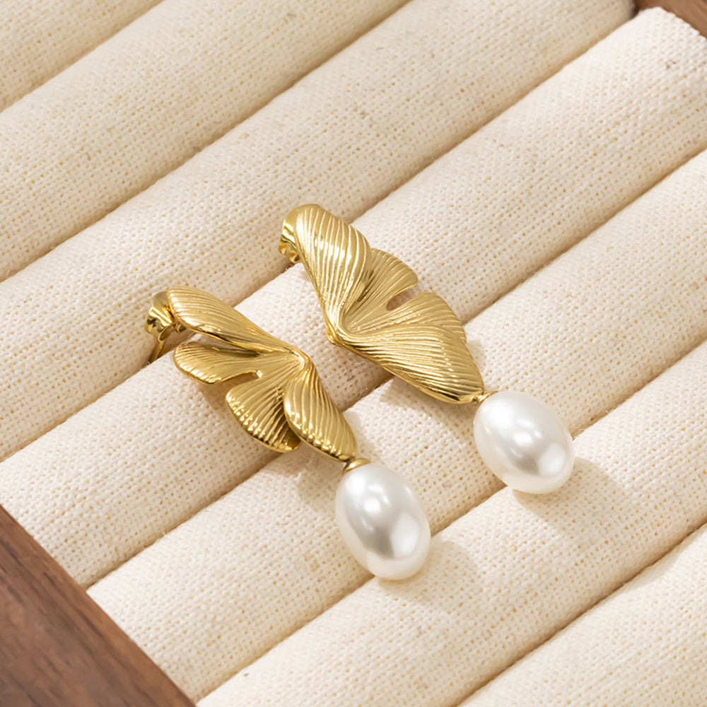 Golden Petal Pearl Drop Earrings