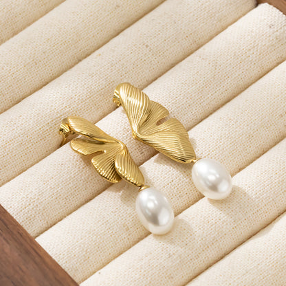 Golden Petal Pearl Drop Earrings
