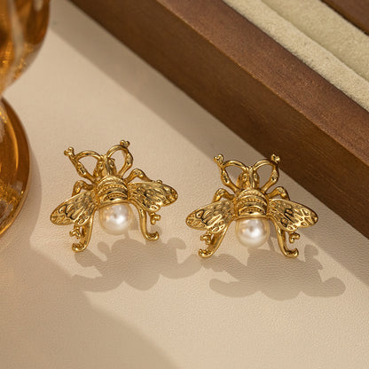 Honeybee Pearl Gold Stud Earrings