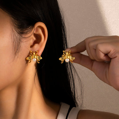 Honeybee Pearl Gold Stud Earrings