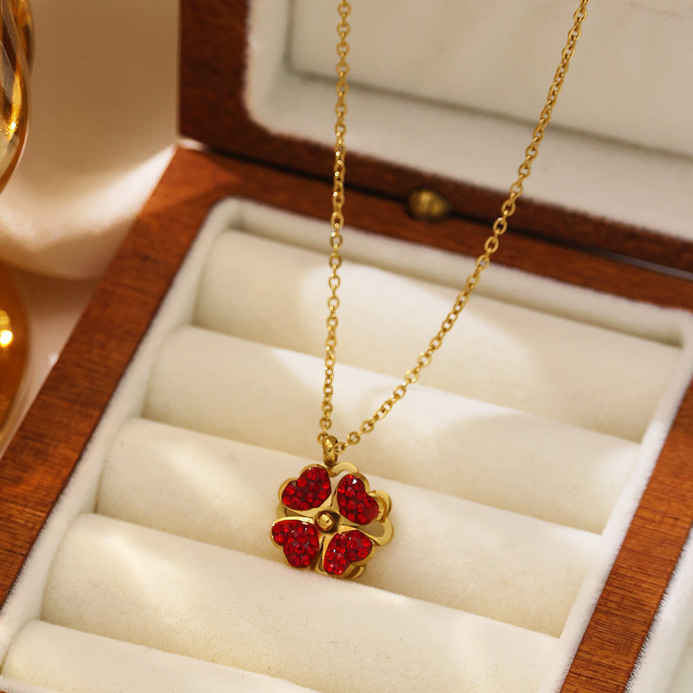Ruby Clover Zircon Pendant Necklace