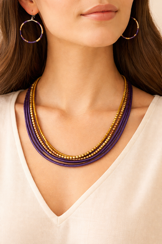 Purple & Gold Multi-Strand Beaded Necklace with Matching Hoop Earrings