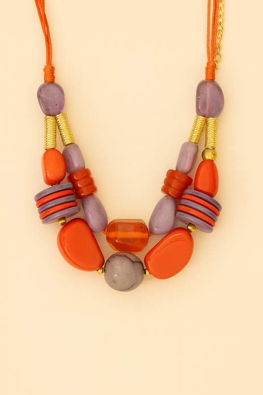 Bold Artisan Beadwork Statement Necklace – Orange & Lavender Mix