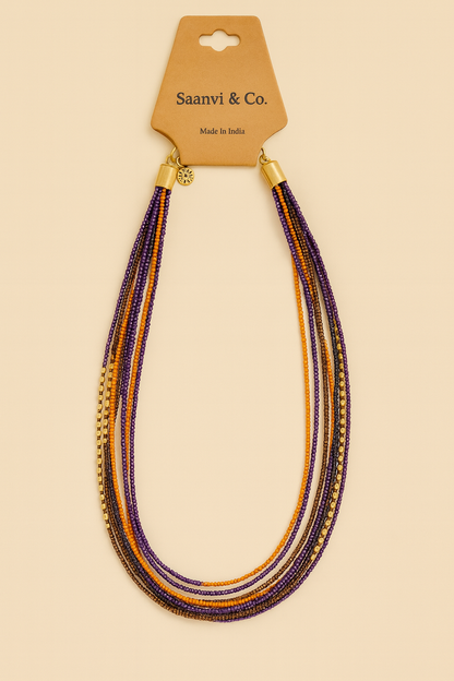 Purple & Gold Multi-Strand Beaded Necklace with Matching Hoop Earrings