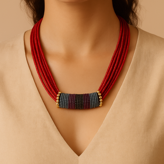 Red Multi-Strand Beaded Necklace with Gold Accents