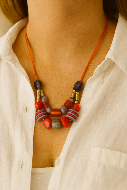 Bold Artisan Beadwork Statement Necklace – Orange & Lavender Mix