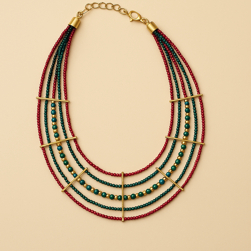 Red & Teal Multi-Strand Beaded Statement Necklace