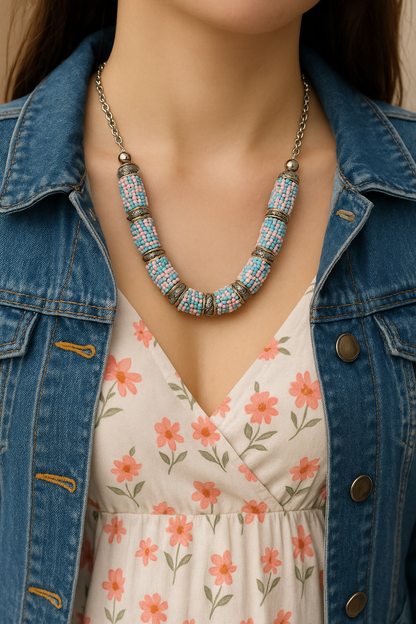 Blue Mosaic Handcrafted Beaded Necklace