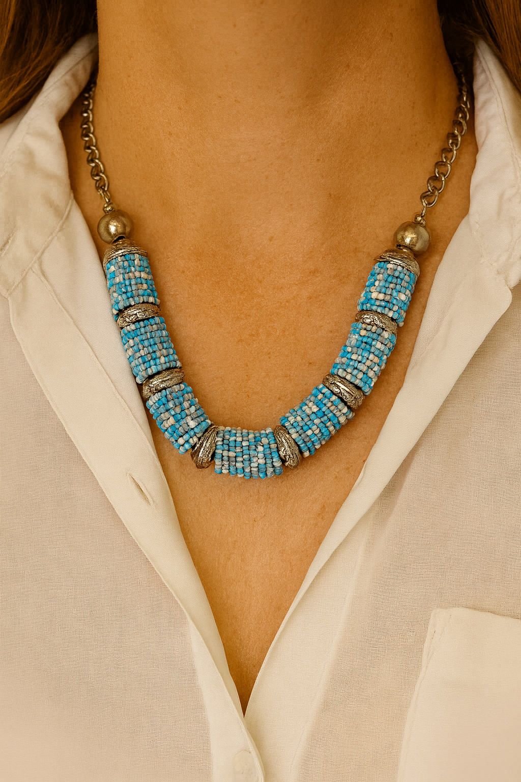 Blue Mosaic Handcrafted Beaded Necklace