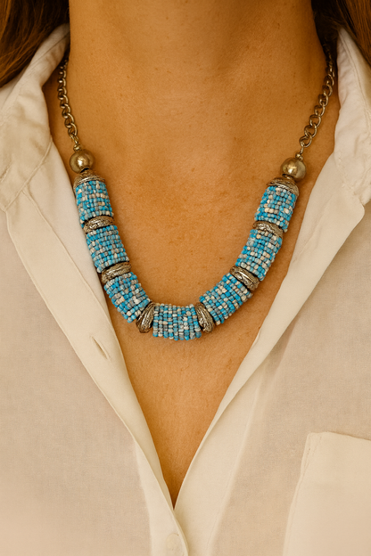 Blue Mosaic Handcrafted Beaded Necklace