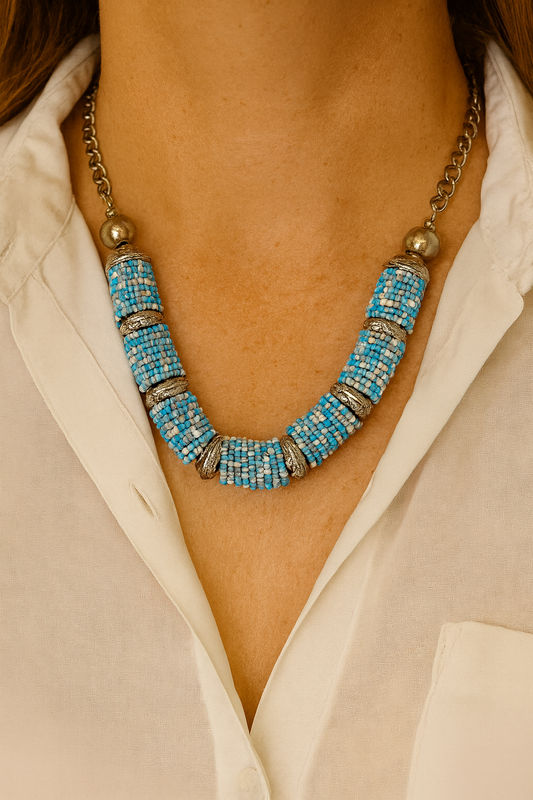 Blue Mosaic Handcrafted Beaded Necklace