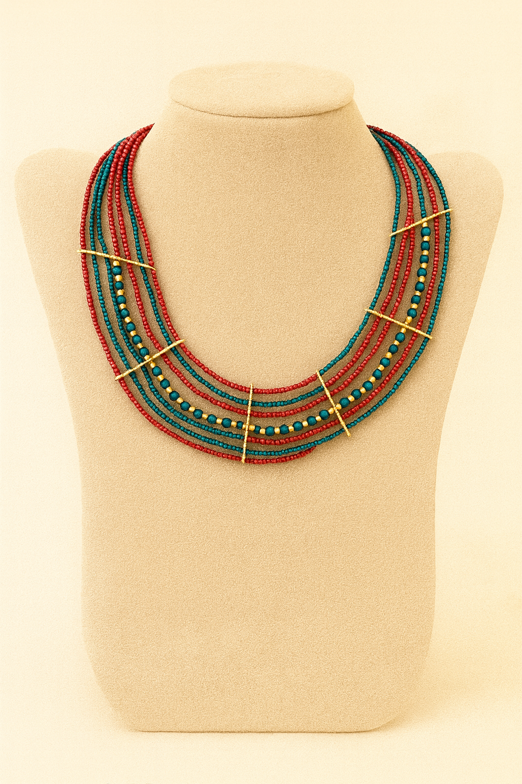 Red & Teal Multi-Strand Beaded Statement Necklace