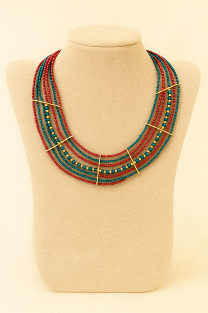 Red & Teal Multi-Strand Beaded Statement Necklace