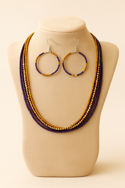 Purple & Gold Multi-Strand Beaded Necklace with Matching Hoop Earrings