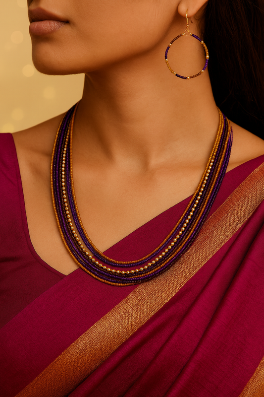 Purple & Gold Multi-Strand Beaded Necklace with Matching Hoop Earrings