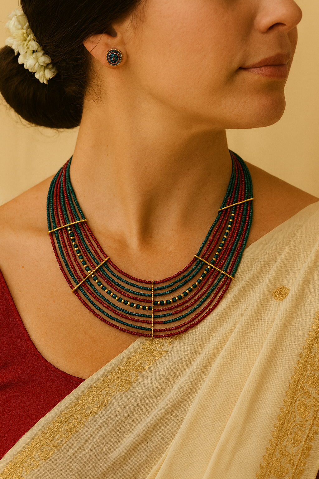 Red & Teal Multi-Strand Beaded Statement Necklace