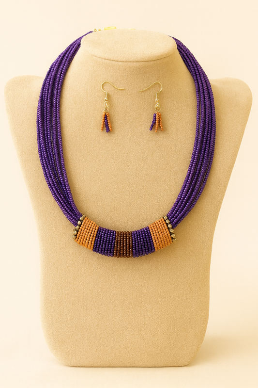 Purple & Mustard Multi-Strand Beaded Necklace with Tassel Earrings