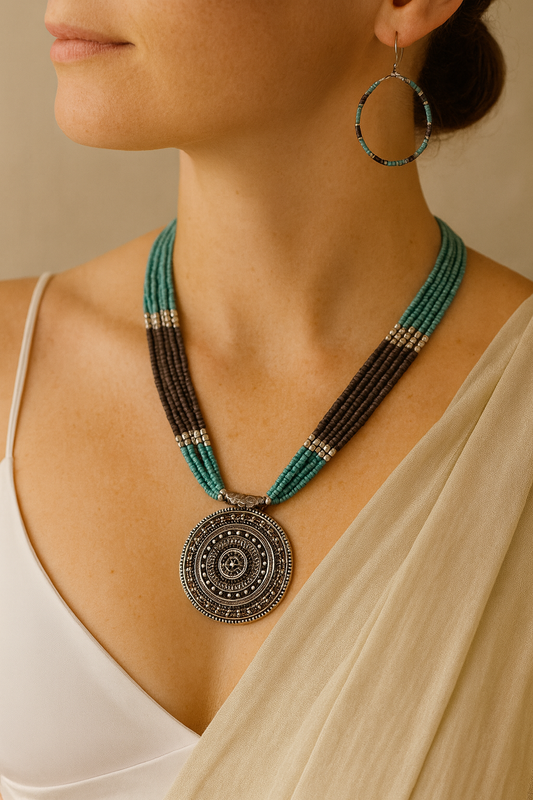 Turquoise & Grey Multi-Strand Necklace Set