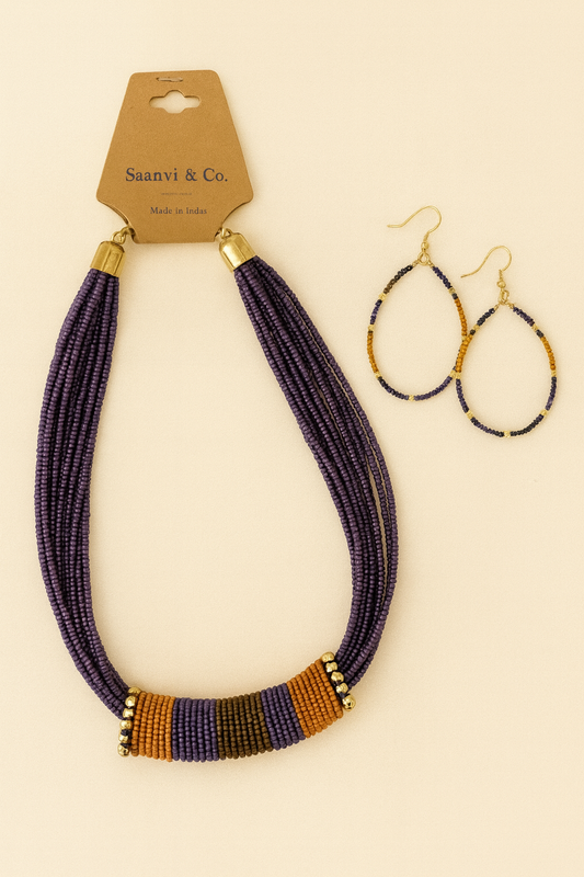 Purple & Mustard Multi-Strand Beaded Necklace Set – 2 Earring Options
