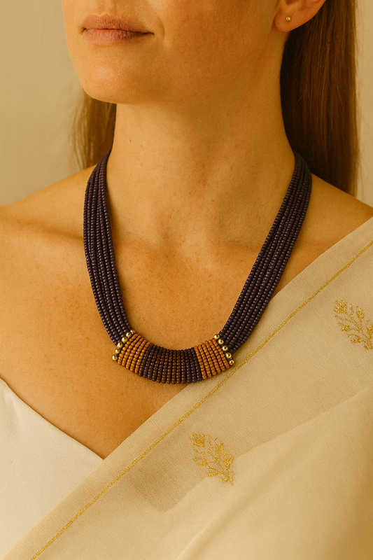 Purple & Mustard Multi-Strand Beaded Necklace Set – 2 Earring Options