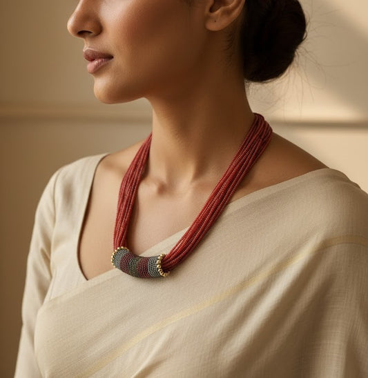 Red Multi-Strand Beaded Necklace with Gold Accents