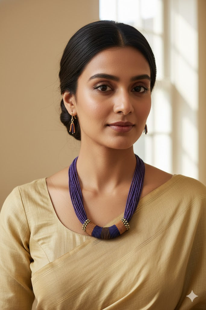 Purple & Mustard Multi-Strand Beaded Necklace with Tassel Earrings