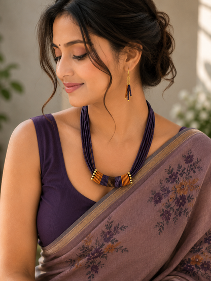 Purple & Mustard Multi-Strand Beaded Necklace with Tassel Earrings