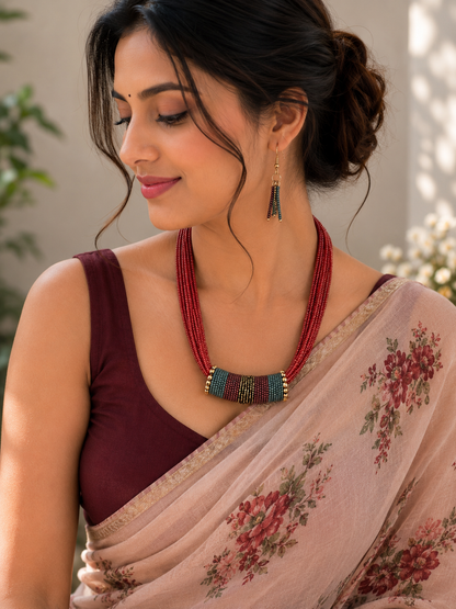 Red Multi-Strand Beaded Necklace with Tassel Earrings